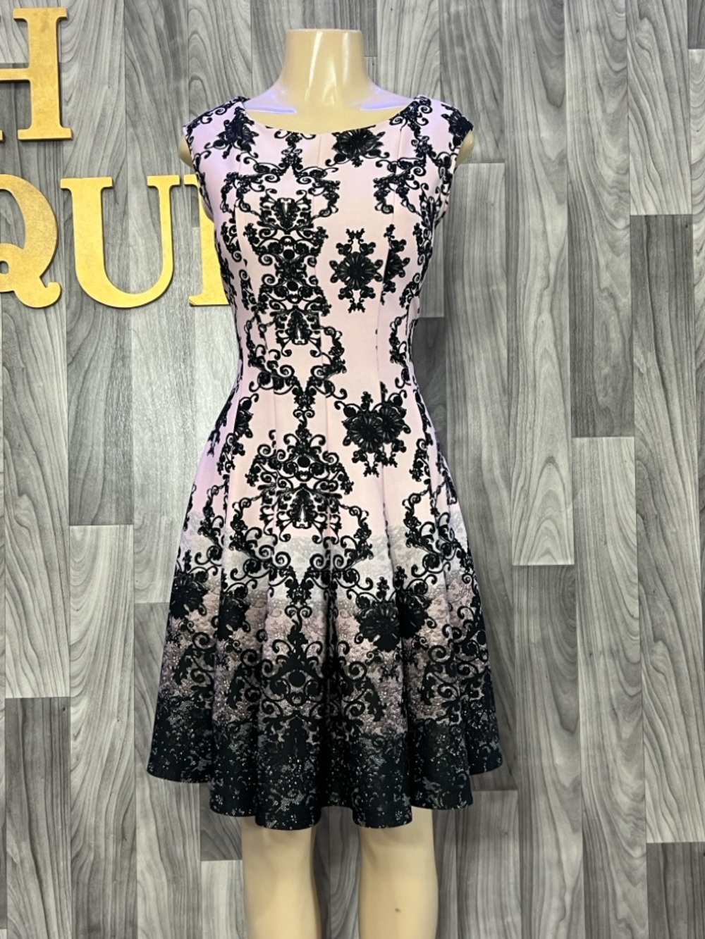 Danny & Nicole Pink Dress with Black Lace-Style Overlay
